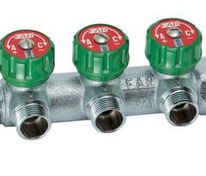 Коллектор Т/Р проходной (ВР-НР) 1"×3/4"EU с 3 отводами, хром c вставкой под плоское уплотнение